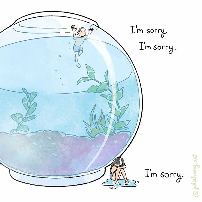 Illustration showing emotional struggle inside and outside a fishbowl, capturing the ups and downs of life in moving stories.