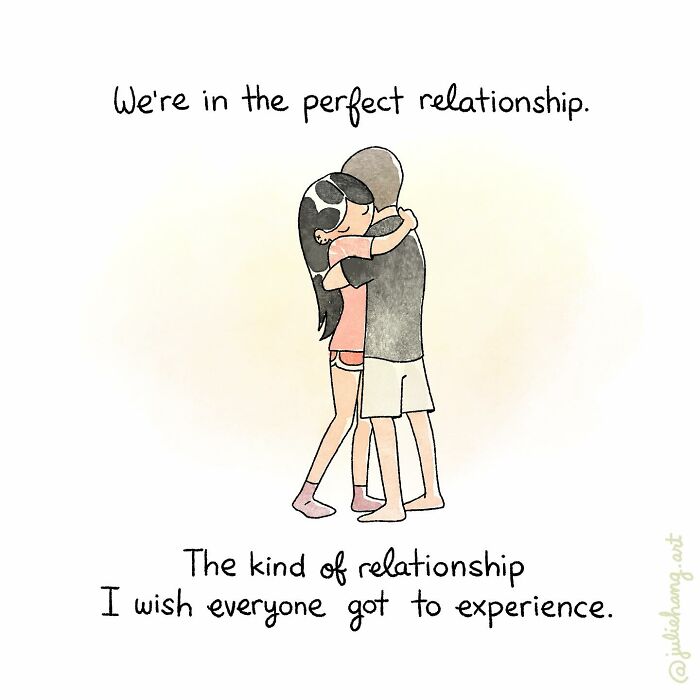 Illustration of a couple hugging with text about the perfect relationship, capturing the ups and downs of life.