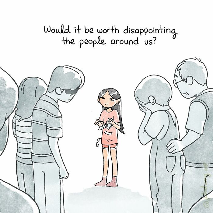 A young girl stands alone, holding broken shoes, surrounded by sad people, capturing the ups and downs of life.