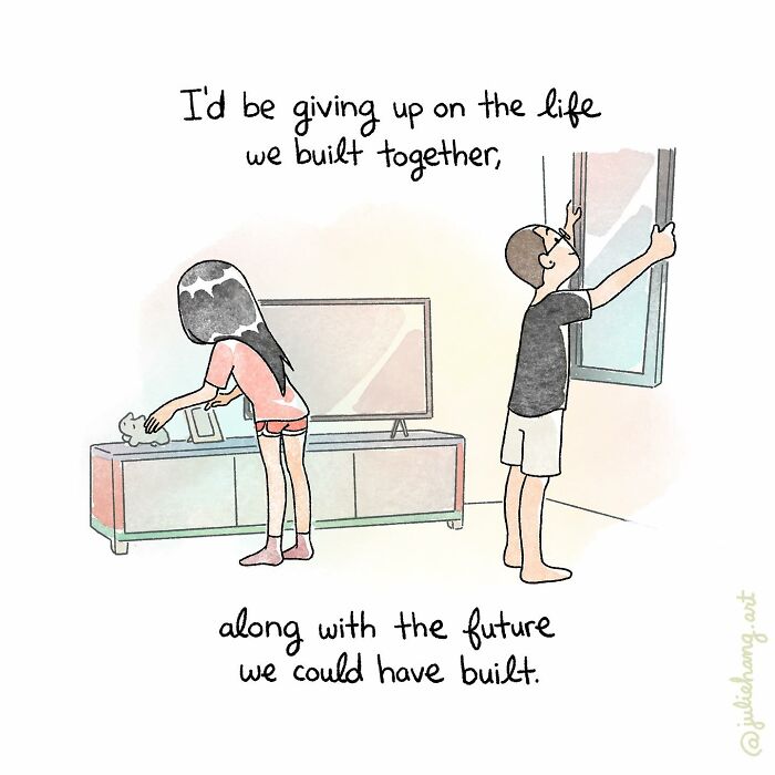 Illustration of a couple in a room with text expressing the ups and downs of life in moving stories by Julie Hang.