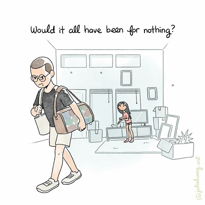 Man carrying bags leaving a room with a woman inside, illustrating moving stories capturing the ups and downs of life.