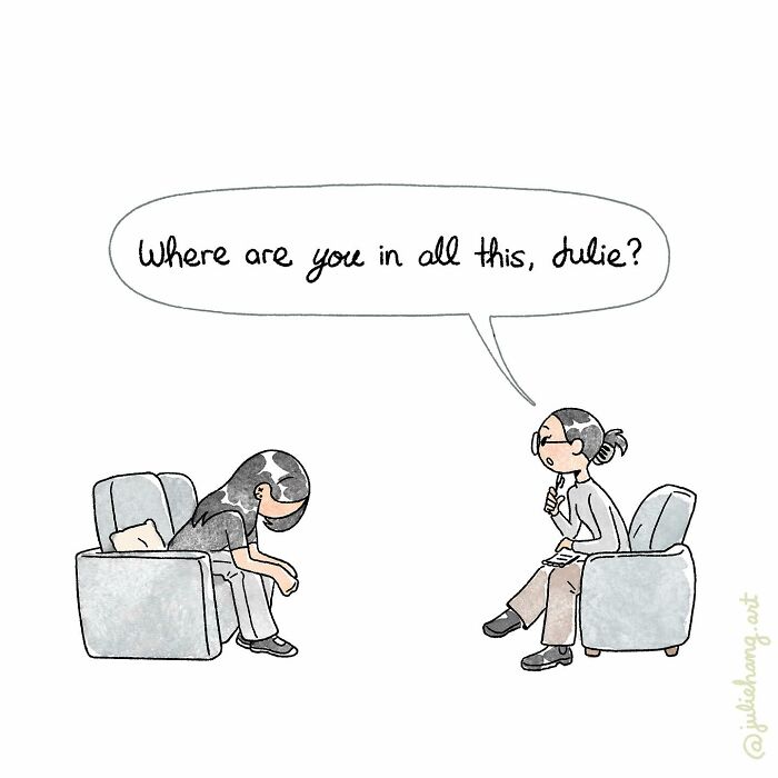 Illustration showing a conversation about self-reflection in moving stories by Julie Hang capturing life&rsquo;s ups and downs.