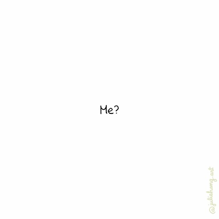 Simple black text saying Me with question mark on white background, reflecting moving stories by Julie Hang about life's ups and downs.