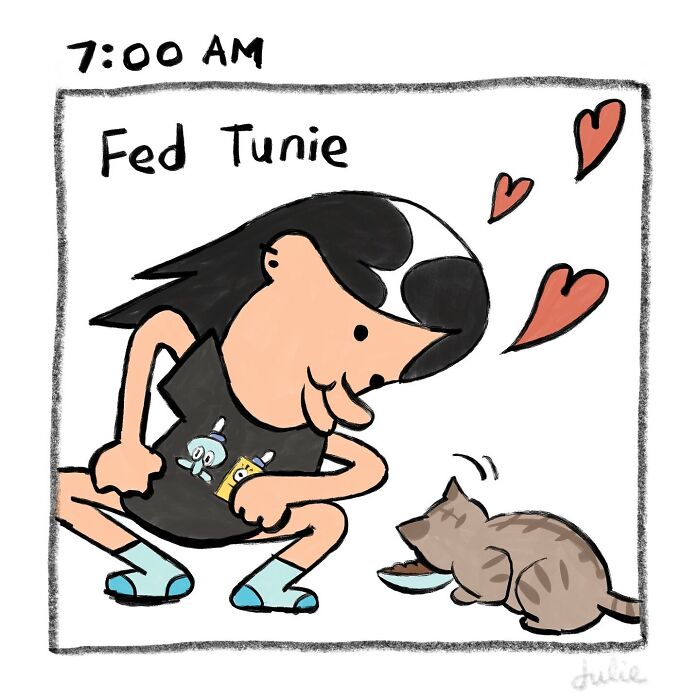 Cartoon of a person feeding a cat at 7 AM with hearts showing affection, illustrating moving stories by Julie Hang.