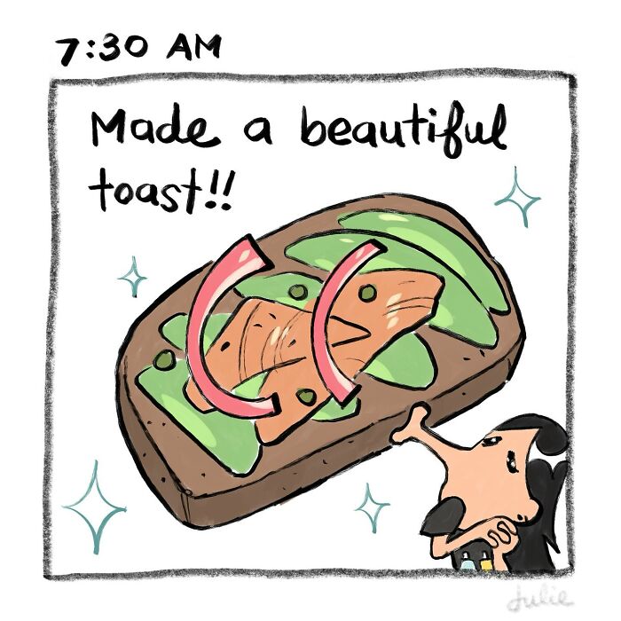 Illustration of a person admiring a beautiful toast with toppings, reflecting moving stories by Julie Hang about life&rsquo;s ups and downs.