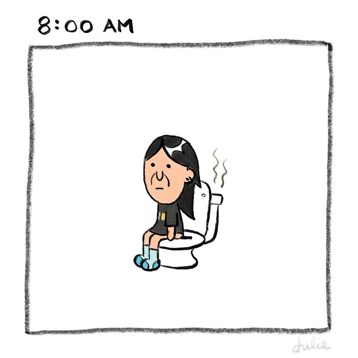 Cartoon woman sitting on a steaming toilet at 8 AM, illustrating ups and downs of life in moving stories.