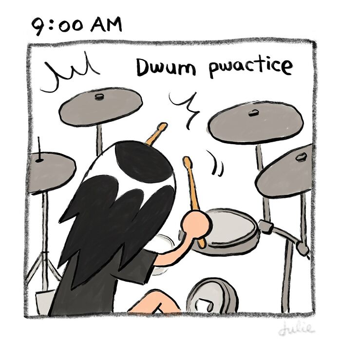 Illustration of a person practicing drums at 9 AM, capturing moving stories by Julie Hang about the ups and downs of life.