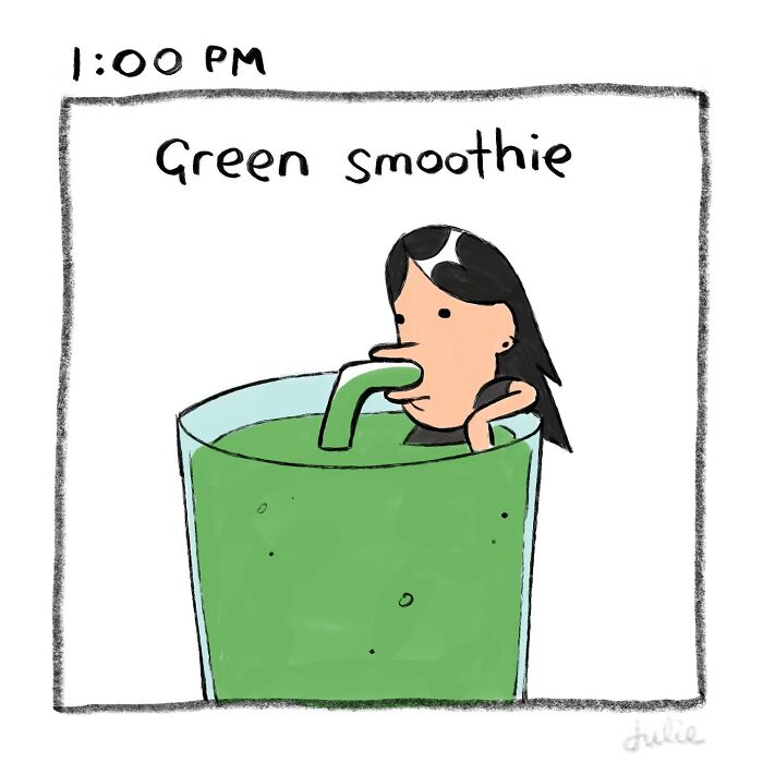 Cartoon of a woman drinking a green smoothie, illustrating moving stories by Julie Hang about life&rsquo;s ups and downs.