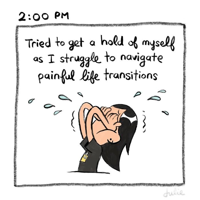 Woman struggling and crying while navigating painful life transitions in a moving story by Julie Hang capturing ups and downs.