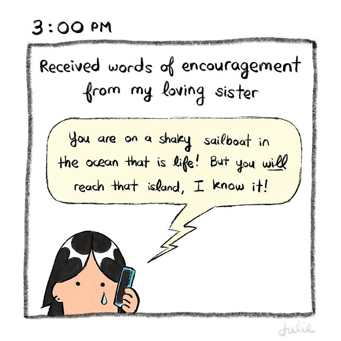 Illustration of a person receiving encouraging words on phone, capturing the ups and downs of life moments.