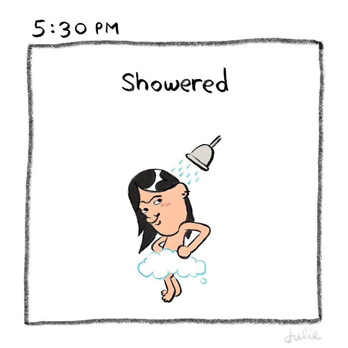 Cartoon illustration of a person showering with sad expression, capturing moving stories by Julie Hang about life's ups and downs.