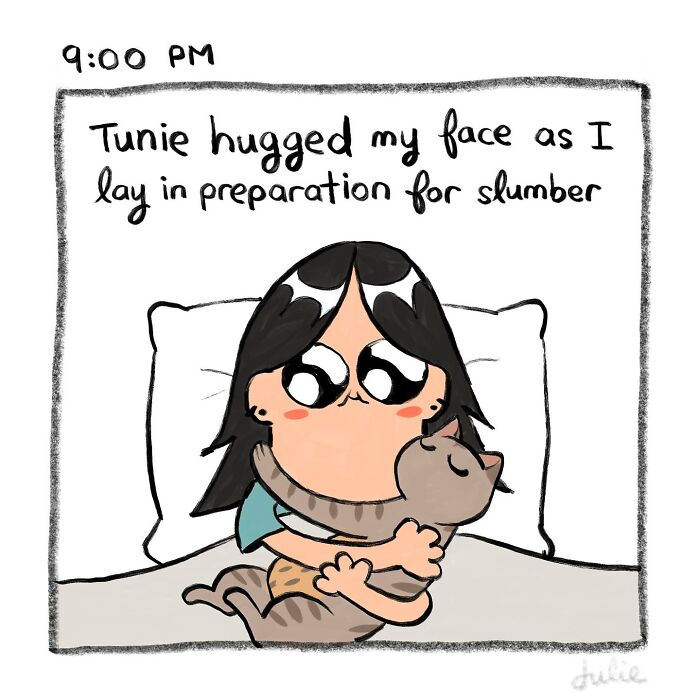 Illustration of a person hugging a cat in bed, capturing moving stories about the ups and downs of life by Julie Hang.