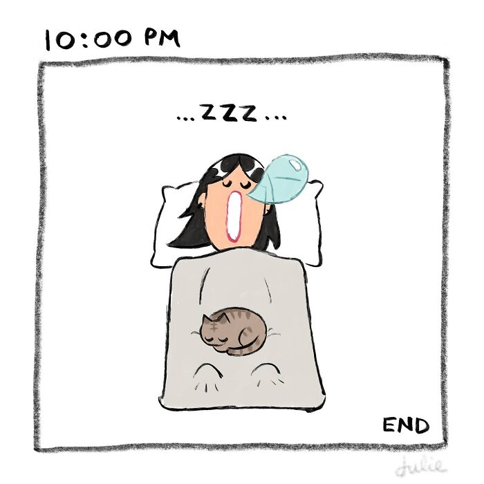 Woman sleeping peacefully in bed with a cat on her blanket, illustrating moving stories capturing the ups and downs of life.