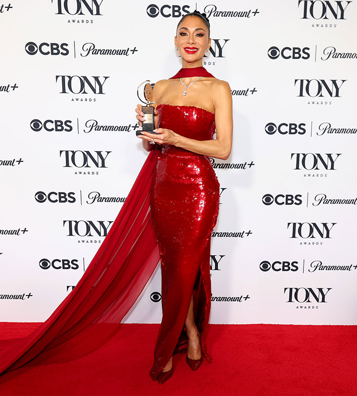 Nicole Scherzinger in a red gown at the Tony Awards, highlighting her drastic transformation and possible Ozempic side effects.