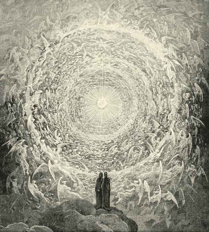 Vintage illustration of spiritual beings surrounding a radiant light, representing fascinating theories about the afterlife.