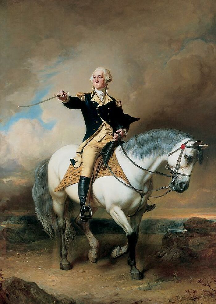 Portrait of a man riding a horse symbolizing life at the White House through the eyes of presidential pets.