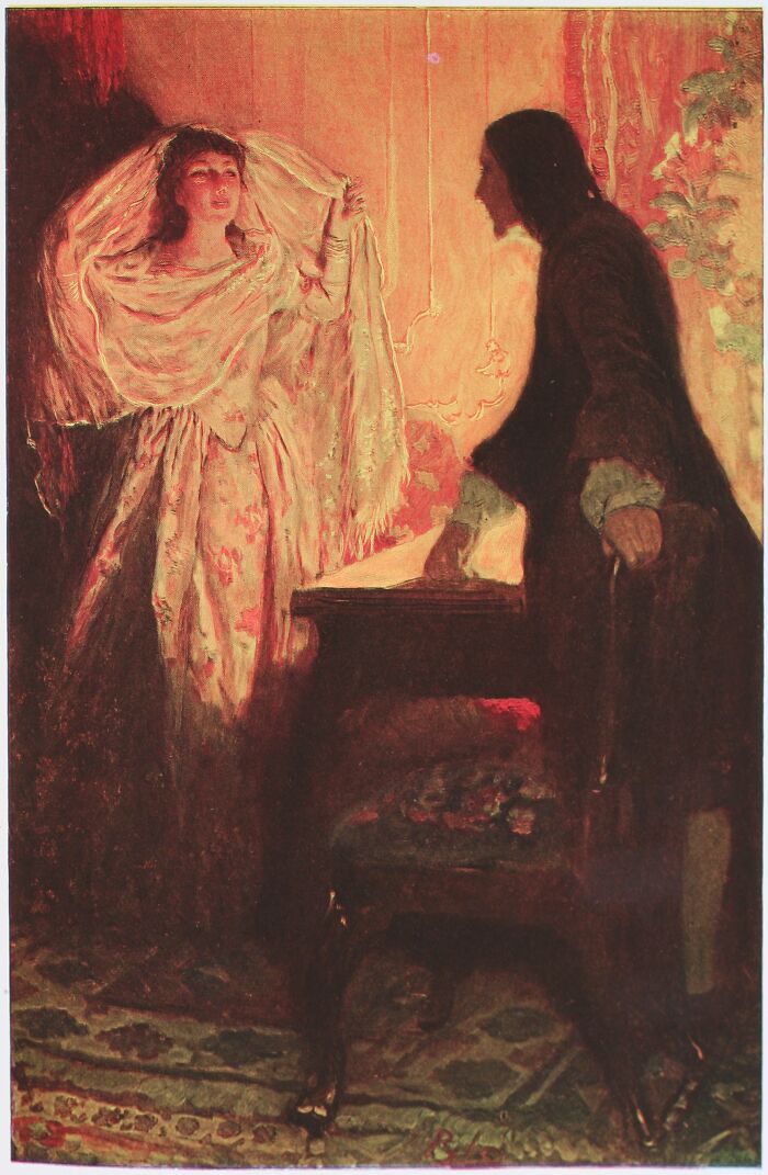 Painting showing Grace O’Malley meeting a man indoors, highlighting the legendary Irish pirate commander and leader.