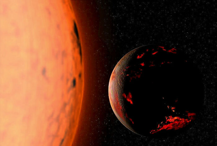 Dark planet with glowing red patches orbits close to a large fiery star, evoking scary and unsettling Wikipedia article themes.