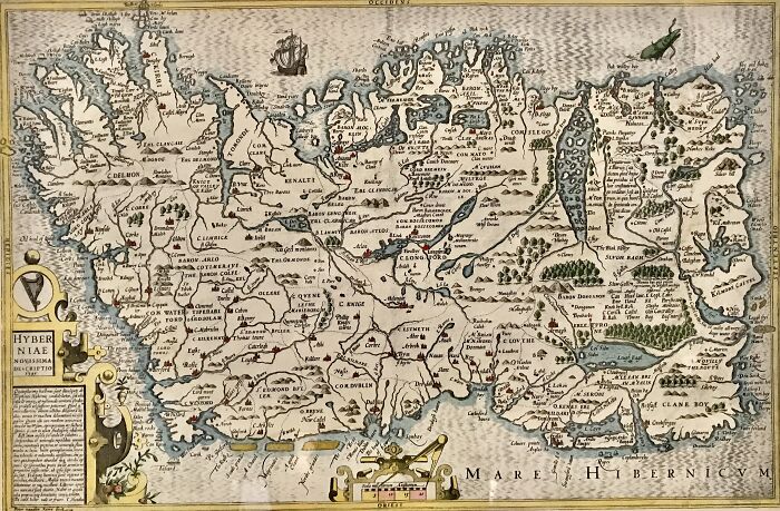 Antique map of Ireland highlighting regions linked to Grace O’Malley, the sea captain who fought armies and met Queen Elizabeth.