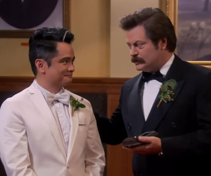 Nick Offerman from Parks and Rec reacts strongly in a scene opposing anti-Pride views linked to Michael Flynn's son. Nick Offerman from Parks and Rec reacts strongly in a scene opposing anti-Pride views linked to Michael Flynn's son.