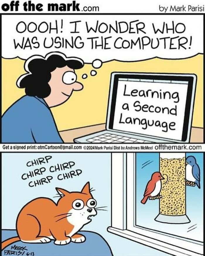 Cartoon from Off The Mark by Mark Parisi showing cat confused by birds chirping near a computer about learning a second language.