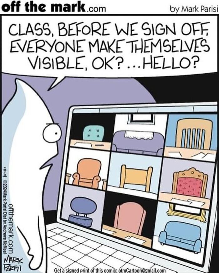 Cartoon showing a virtual meeting with empty chairs on screen, highlighting funny Off The Mark comics by Mark Parisi.