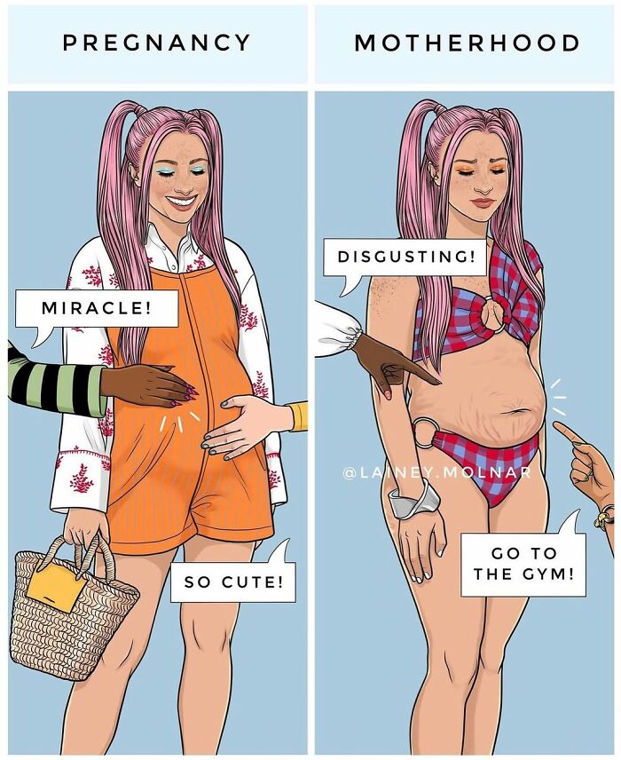 Pregnant and postpartum woman with pink hair, showing contrasting gender expectations about body image and motherhood.