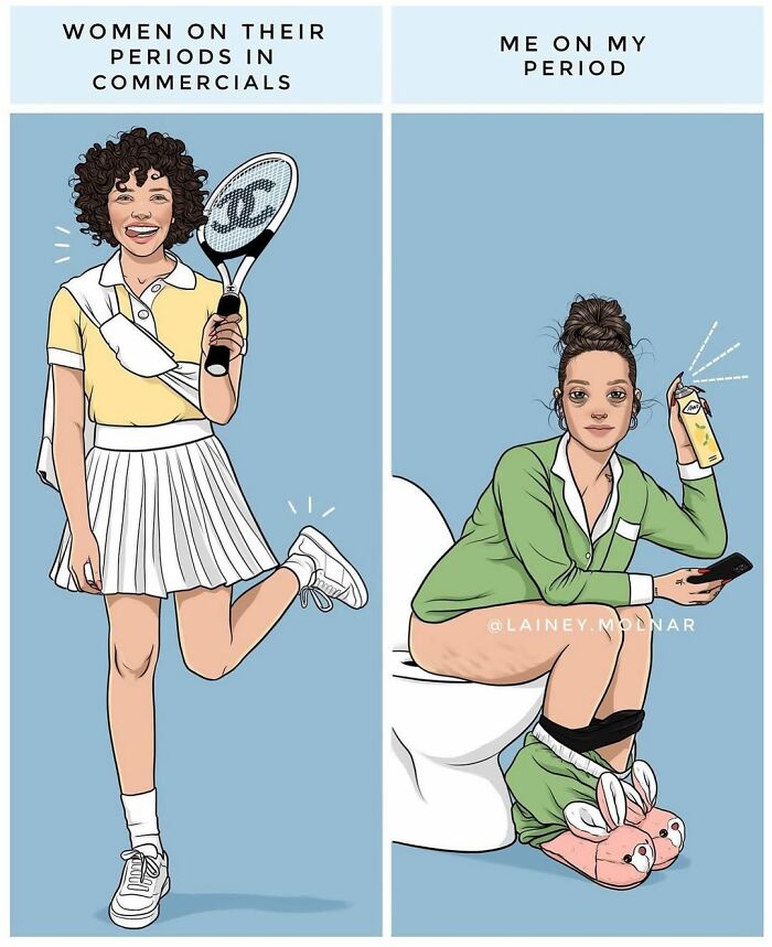 Illustration contrasting gender expectations showing a woman on her period in commercials versus reality by Lainey Molnar.
