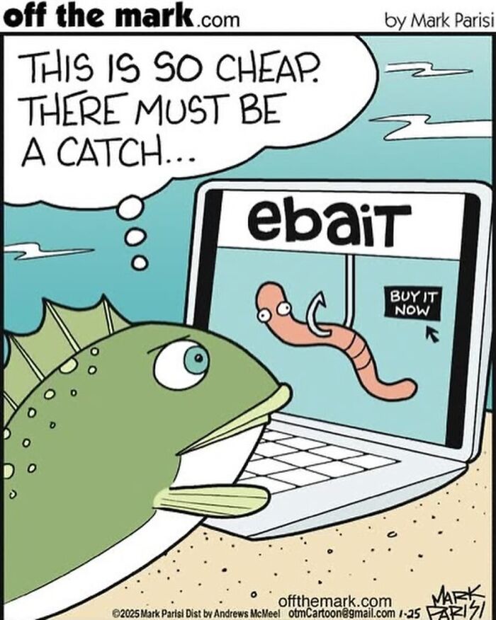 Fish looking at a laptop screen showing a worm on a spoof ebait website in a funny Off The Mark comic by Mark Parisi.