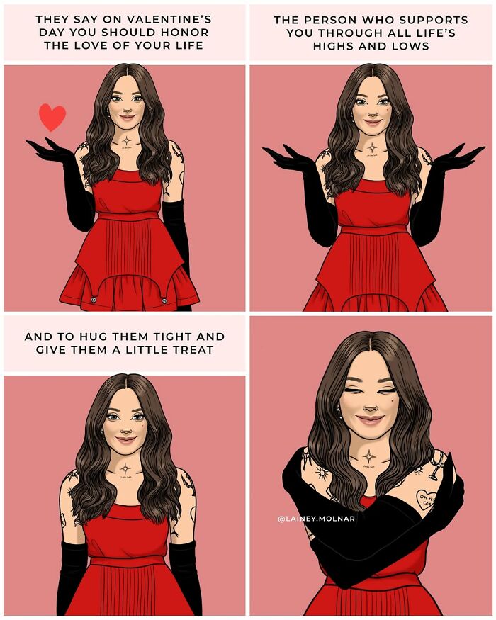 Comic by Lainey Molnar showing a woman in a red dress exploring gender expectations about love and support on Valentine’s Day.