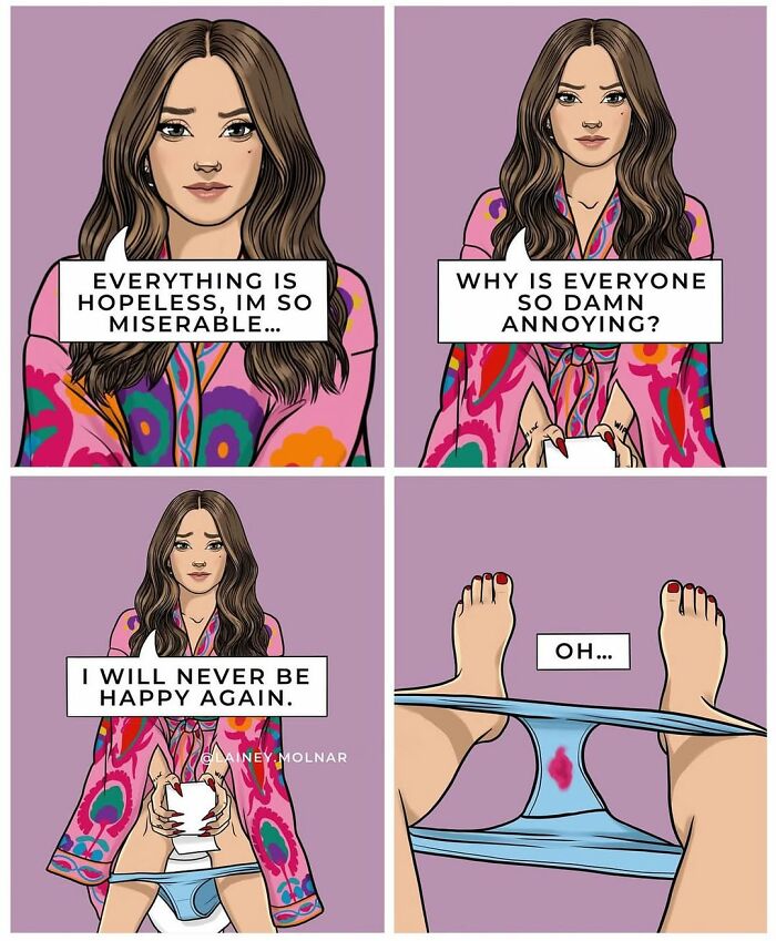 Comic by Lainey Molnar showing a woman expressing emotions about gender expectations in a colorful, introspective style.