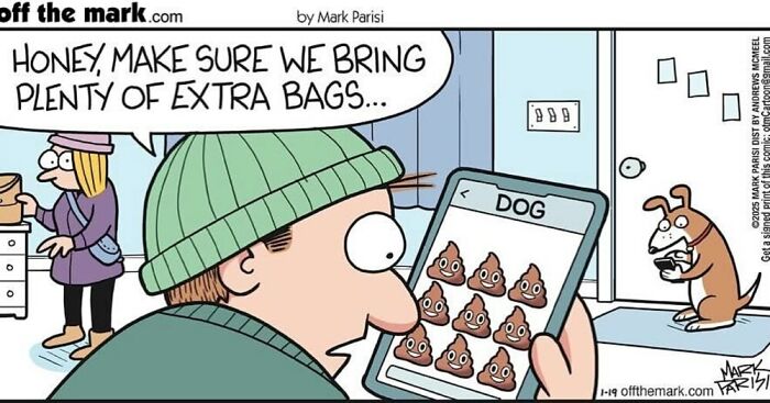Cartoon from Off The Mark by Mark Parisi shows man checking p**p emoji bags on phone, highlighting funny pet comic humor.