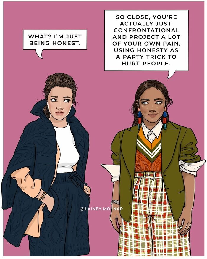 Two women in a comic discussing honesty and confrontation, exploring gender expectations by artist Lainey Molnar.
