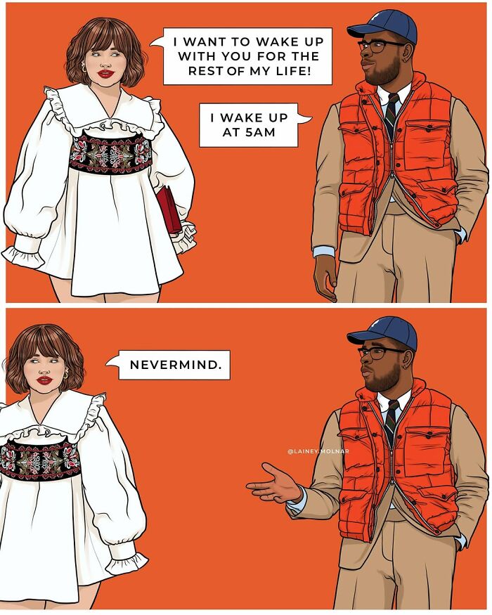 Comic panels showing gender expectations with a woman and man, featuring contrasting statements about waking up early.