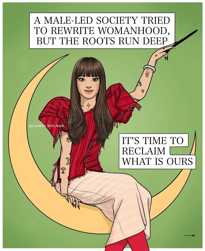 Illustration of a woman sitting on a crescent moon with text about reclaiming womanhood and gender expectations.