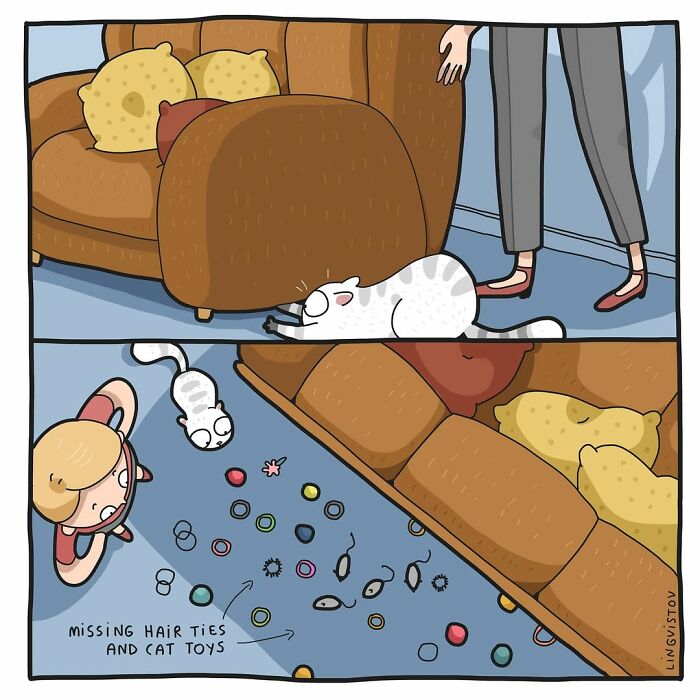 Cartoon panels show a cat playing and hiding missing hair ties and cat toys around the living room floor.