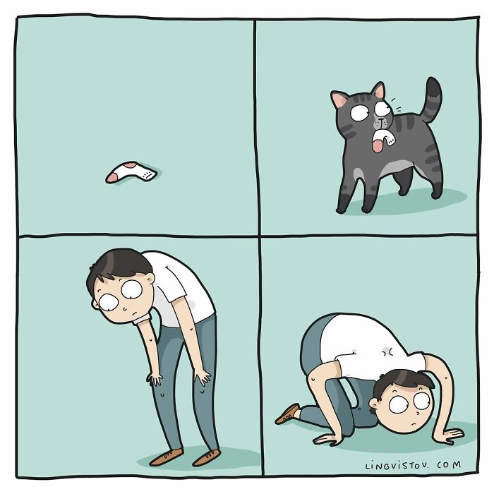 Comic panels showing a cat dropping a sock and a person awkwardly bending and crawling to retrieve it, capturing life with a cat.