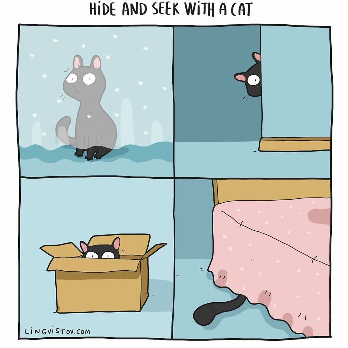 Cartoon by artist humorously capturing what it’s like to live with a cat through playful hide and seek scenes.