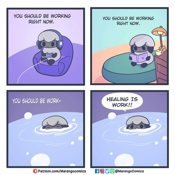 Wholesome comic panels showing a character coping with pressure and emphasizing healing as important work.