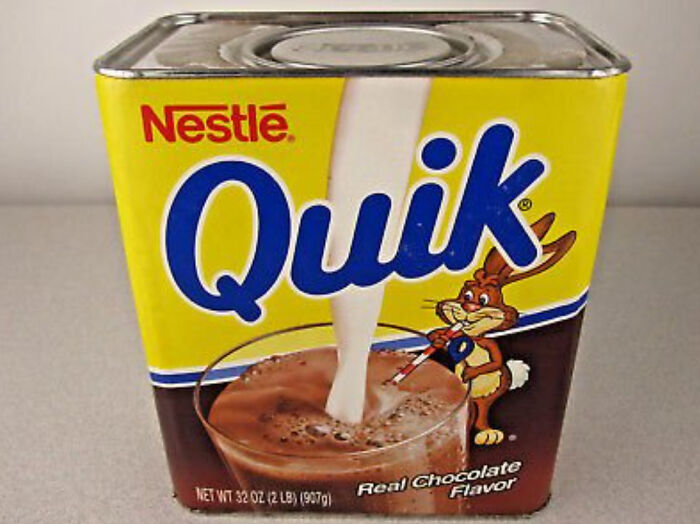 Vintage Nestle Quik chocolate drink mix can, a beloved food and drink that disappeared from shelves.
