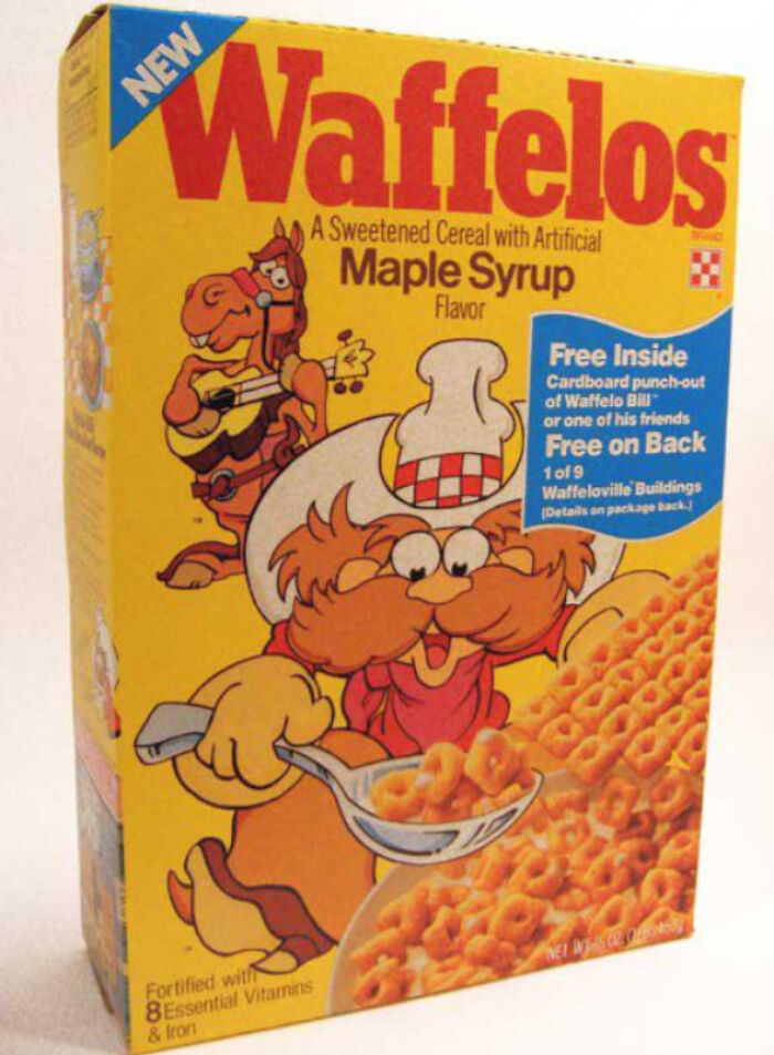 Waffelos maple syrup flavored cereal box featuring animated characters, a nostalgic beloved food that disappeared.
