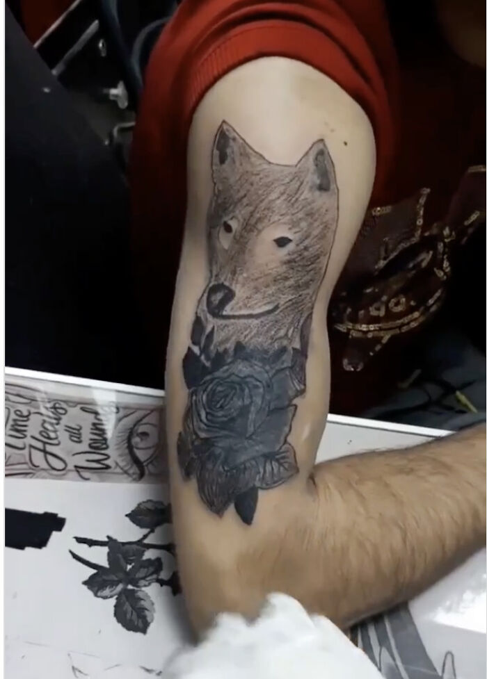 Tattoo of a wolf with a rose on a person's arm, showcasing one of the bizarre tattoo choices people made.
