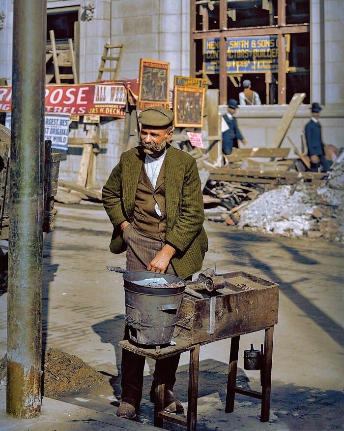 Colorized historical photo of a man working outdoors with a bucket and tools, capturing magical historical moments.