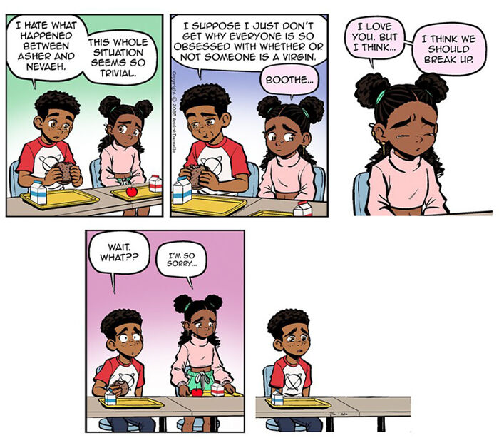 Two teens in a heartfelt webcomic discussing relationships and friendships during a school lunch scene.