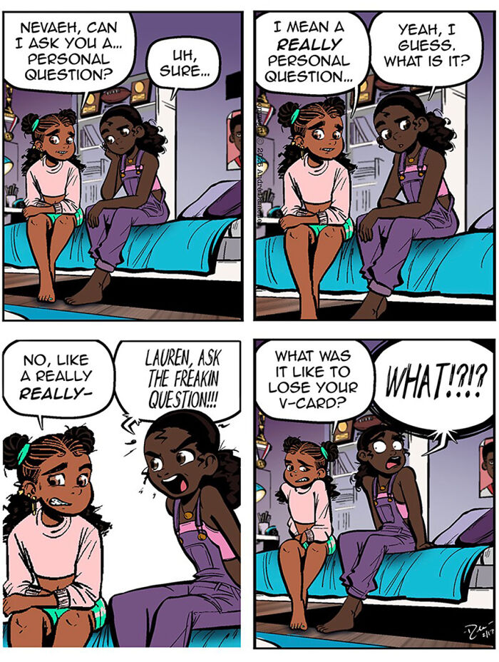 Two teenage girls in a heartfelt webcomic discussing personal questions about relationships and friendships.
