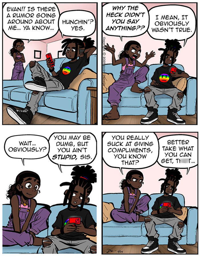 Heartfelt webcomic panels showing teen friendships and relationships with two characters chatting on a couch.