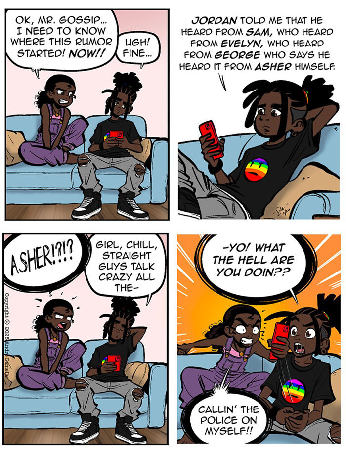 Two teens on a couch discuss rumors in a heartfelt webcomic capturing teen relationships and friendships.