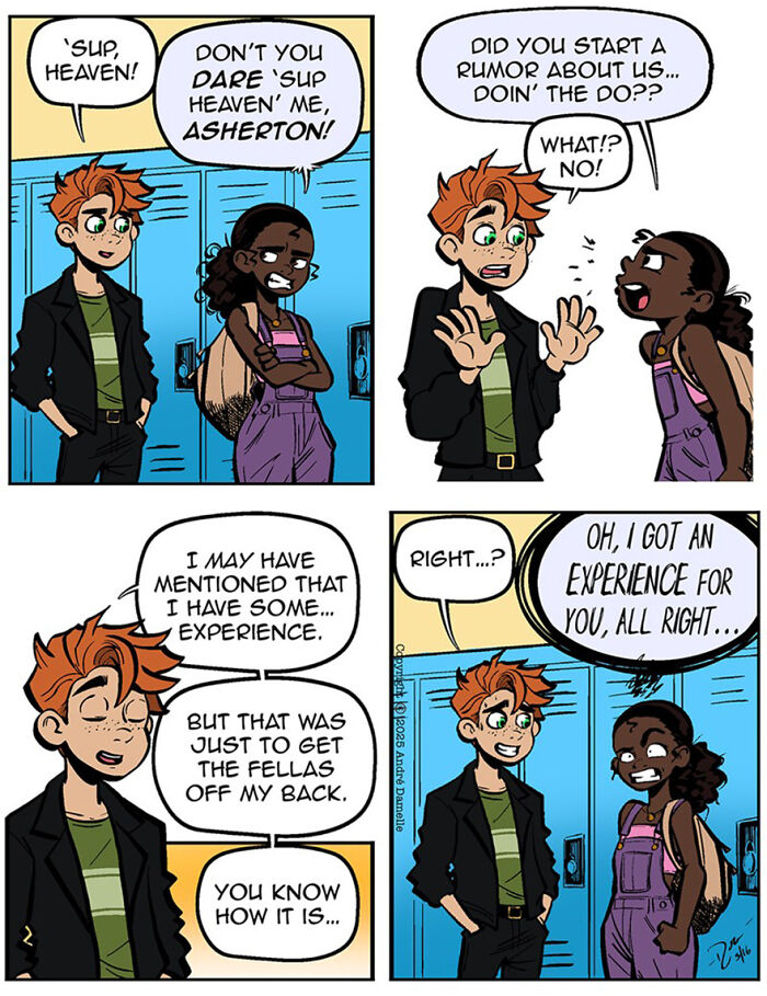 Teen relationships and friendships depicted in a heartfelt webcomic with colorful characters talking in school hallway.