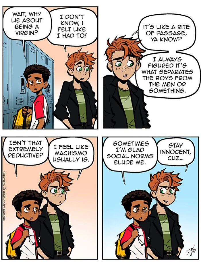 Teen characters in a heartfelt webcomic discussing relationships and friendships by this artist near school lockers.