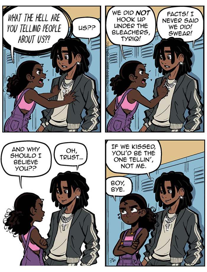 Webcomic scenes showing teen relationships and friendships in a heartfelt, illustrated school hallway conversation.